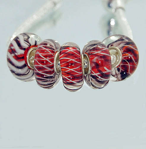 EUROPEAN STYLE - 925 SILVER CORE - MURANO GLASS BEADS - RED, BLACK AND WHITE STRIPES