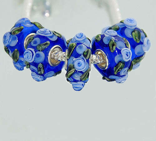 PANDORA STYLE 925 SILVER MURANO GLASS BEADS - ROYAL BLUE WITH LIGHT BLUE ROSE DESIGN