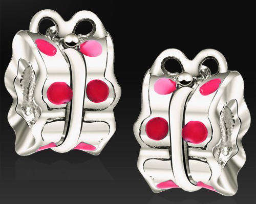 PANDORA STYLE 925 SILVER BUTTERFLY SPACERS WITH RED AND PINK ENAMEL