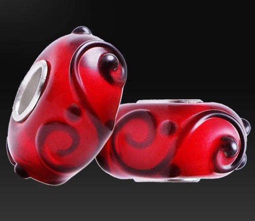 PANDORA STYLE 925 SILVER MURANO GLASS BEADS - DEEP RED WITH BLACK VINTAGE PATTERN
