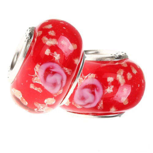 EUROPEAN STYLE - 925 SILVER CORE - MURANO GLASS BEADS - RED WITH PINK ROSE DESIGN