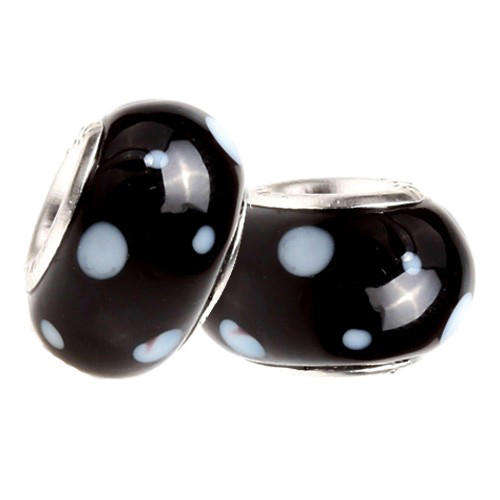 PANDORA STYLE 925 SILVER MURANO GLASS BEADS - BLACK WITH WHITE SPOTS