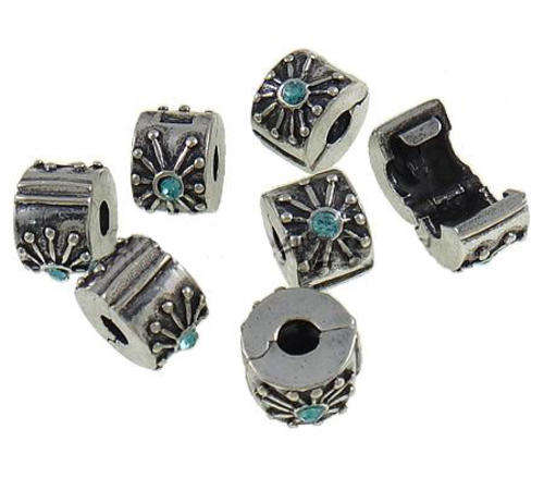 PANDORA STYLE RONDELLE CLIP ON BEAD WITH LIGHT BLUE RHINESTONES