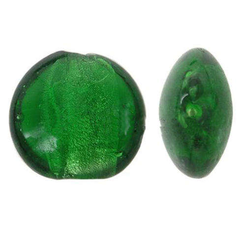 GLASS SILVER FOIL BEADS FLAT ROUND - DARK GREEN 12 x 8mm