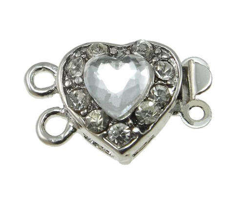 BOX CLASP - WITH RHINESTONES - HEART - PLATINUM PLATED - DOUBLE STRAND