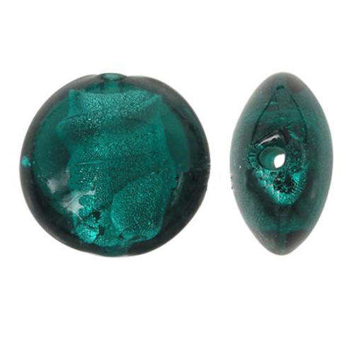 GLASS BEADS - SILVER FOIL - FLAT ROUND - DARK TURQUOISE 12x8mm - 10 PCS