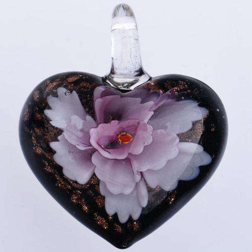 INNER FLOWER MURANO GLASS LAMPWORK PENDANT - HEART - PURPLE AND GOLD - 37x30.50x14mm