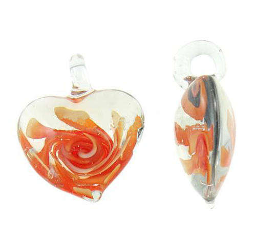PENDANTS - INNER FLOWER - MURANO GLASS - LAMPWORK - HEART - ORANGE - 36.50x34x17mm