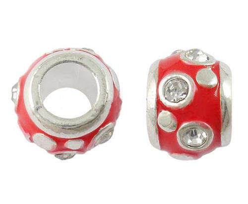 EUROPEAN STYLE - SILVER - DRUM - SPACER BEADS - RED ENAMEL WITH RHINESTONES