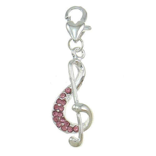 CHARMS - CLIP-ON - SILVER DANGLE - MUSIC NOTE WITH PINK RHINESTONES