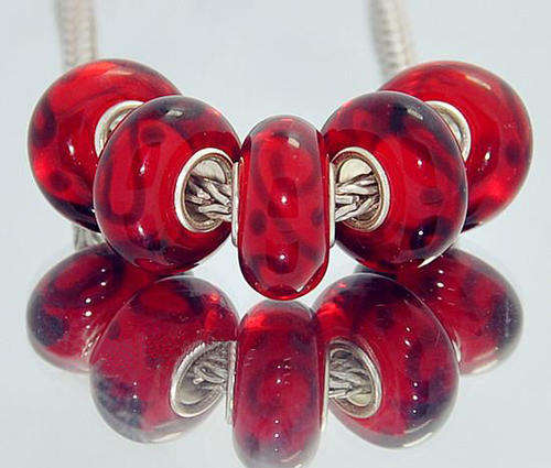 PANDORA STYLE 925 SILVER MURANO GLASS BEADS - RUBY RED WITH BLACK VINTAGE PATTERN