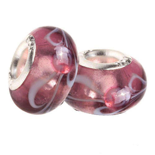PANDORA STYLE 925 SILVER MURANO GLASS BEADS - CLEAR LIGHT PURPLE WITH PINK AND WHITE FLORAL DESIGN