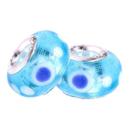 PANDORA STYLE 925 SILVER MURANO GLASS BEADS - CLEAR AQUA BLUE WITH WHITE AND ROYAL BLUE DOTS