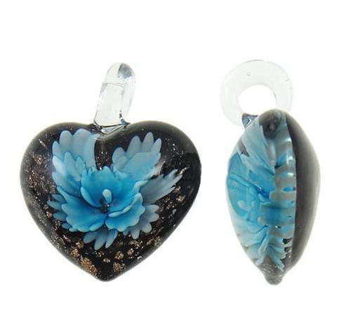 PENDANTS - INNER FLOWER - MURANO GLASS LAMPWORK - HEART - BLUE AND GOLD SAND - 32x29x16mm