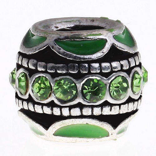 PANDORA STYLE - ANTIQUE SILVER - DRUM - SPACER BEADS - GREEN ENAMEL WITH RHINESTONES