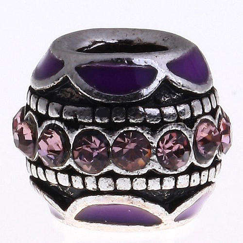 PANDORA STYLE SILVER DRUM SPACER BEADS - LILAC ENAMEL WITH RHINESTONES