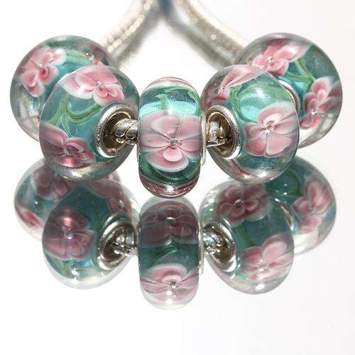 PANDORA STYLE - 925 SILVER CORE - MURANO GLASS BEADS -  CLEAR INNER FLOWER TURQUOISE AND PINK