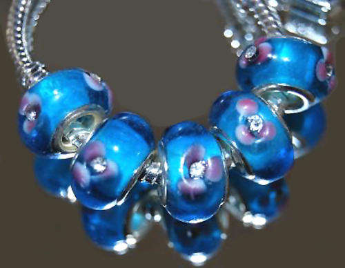 PANDORA STYLE 925 SILVER MURANO GLASS BEADS - SEA BLUE WITH PINK FLOWER AND CZ CRYSTAL