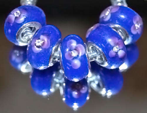 EUROPEAN STYLE - 925 SILVER CORE - MURANO GLASS BEADS - ROYAL BLUE WITH PINK FLOWER AND CZ CRYSTAL