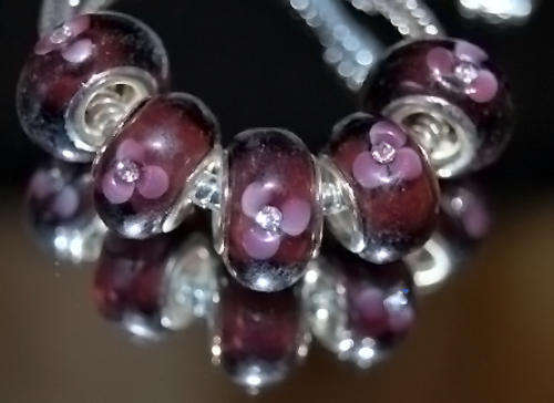 PANDORA STYLE 925 SILVER MURANO GLASS BEADS - GRAPE WITH PINK FLOWER AND CZ CRYSTAL