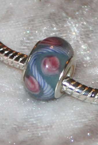 PANDORA STYLE 925 SILVER MURANO GLASS BEADS - CLEAR PINK WITH BLUE ROPE PATTERN AND PINK ROSE