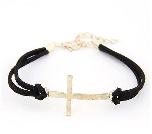 GOLD PLATED BLACK SUEDE CROSS FRIENDSHIP BRACELET
