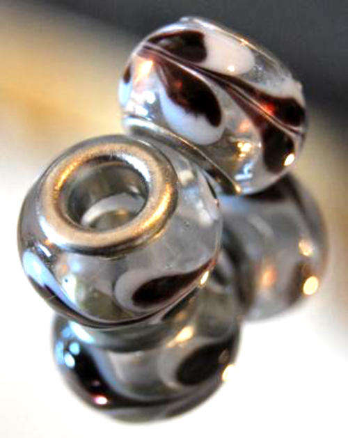 PANDORA STYLE 925 SILVER MURANO GLASS BEADS - CLEAR WITH BROWN AND WHITE LEAF DESIGN