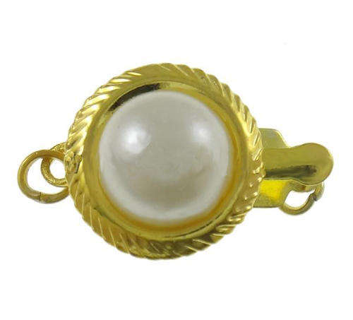 BOX CLASP FLAT ROUND, GOLD PLATED WITH GLASS PEARL - SINGLE STRAND