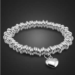 BRACELET - SOLID SILVER 925 - HEART CHARM STRETCH