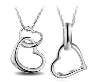 NECKLACE - SOLID SILVER STERLING 925 CHAIN INTERLOCKING HEARTS PENDANT