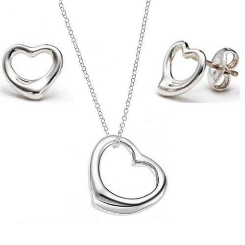 NECKLACE & EARRING SET - IN SOLID SILVER STERLING 925 AND 18k WHITE GOLD - OPEN HEART