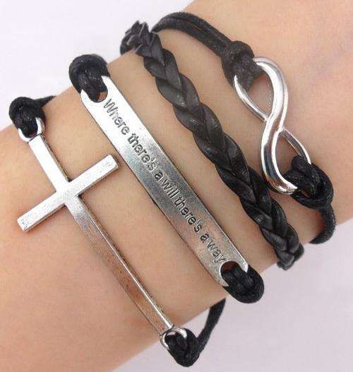 INFINITY - SILVER AND BLACK 4 IN 1 - "WHERE THERE IS A WILL" CROSS ROPE AND LEATHER BRACELET