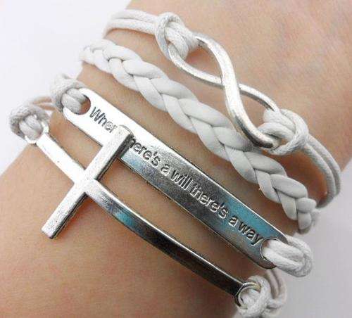 INFINITY - SILVER AND WHITE 4 IN 1 - "WHERE THERE IS A WILL" CROSS ROPE AND LEATHER BRACELET