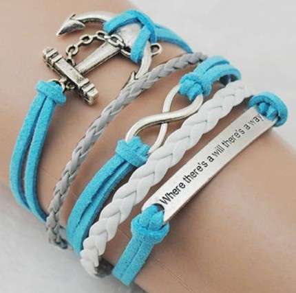 VINTAGE SILVER OCEAN BLUE 5 IN 1 INFINITY, ANCHOR "WHERE THERE IS A WILL COTTON AND LEATHER BRACELET
