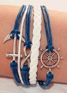NAVY BLUE AND WHITE 5 IN 1 SILVER INFINITY, ANCHOR AND RUDDER COTTON AND LEATHER BRACELET