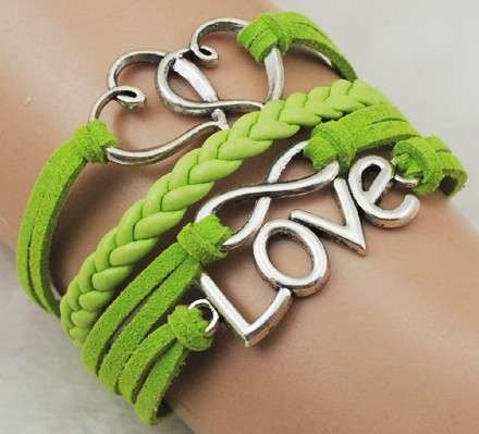 ANTIQUE SILVER AND GREEN 4 IN 1 INFINITY, HEARTS AND LOVE SUEDE AND LEATHER BRACELET