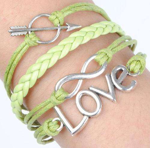 ANTIQUE SILVER AND GREEN 4 IN 1 INFINITY, LOVE AND ARROW SUEDE AND LEATHER BRACELET