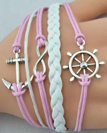 ANTIQUE SILVER, PINK AND WHITE 5 IN 1 INFINITY, RUDDER AND ANCHOR SUEDE AND LEATHER BRACELET