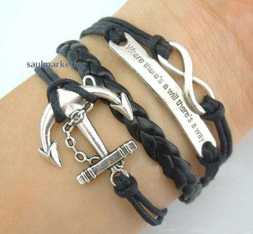 ANTIQUE SILVER & BLACK 4 IN 1 INFINITY, ANCHOR & "WHERE THERE IS A WILL" WAX CORD & LEATHER BRACELET