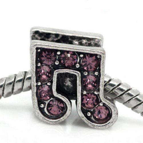 PANDORA STYLE ANTIQUE SILVER MUSIC NOTE CHARM BEADS WITH LIGHT PINK RHINESTONES