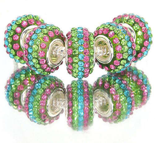 EUROPEAN STYLE - 925 SILVER - HIGH QUALITY - CZECH CRYSTAL RONDELLE BEADS - GREEN, BLUE AND PINK