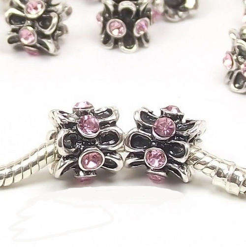 PANDORA STYLE - FLOWER SHAPED - BARREL SPACER BEADS - PINK RHINESTONES - 10 x 10mm