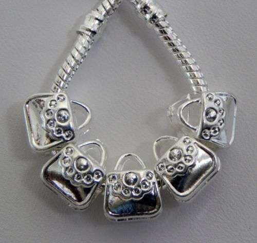 EUROPEAN STYLE - SILVER HANDBAG CHARM BEADS WITH CLEAR CZ CRYSTALS