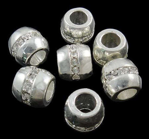 EUROPEAN STYLE - ANTIQUE SILVER - BARREL SPACER BEADS WITH CLEAR CZ CRYSTALS