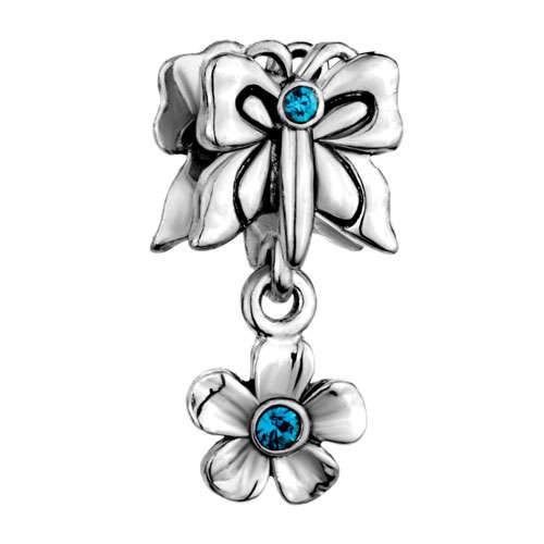 PUGSTER SILVER AQUAMARINE BUTTERFLY FLOWER CRYSTAL MAY BIRTHSTONE EUROPEAN DANGLE CHARM