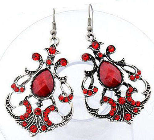 EARRINGS - TIBETAN SILVER - CLASSIC RED CRYSTAL BEADED DANGLE