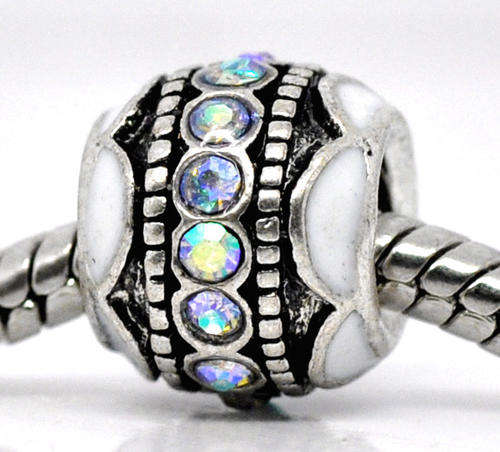PANDORA STYLE - SILVER - DRUM SPACER BEADS - WHITE ENAMEL WITH RHINESTONES