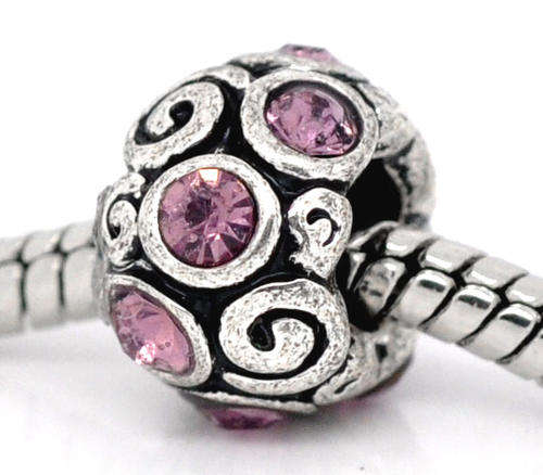 PANDORA STYLE - ANTIQUE SILVER - SCROLL SPACER BEADS - PINK RHINESTONES - 12 x 7mm