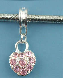 PANDORA STYLE DANGLE CHARMS - SILVER HEART WITH PINK RHINESTONES
