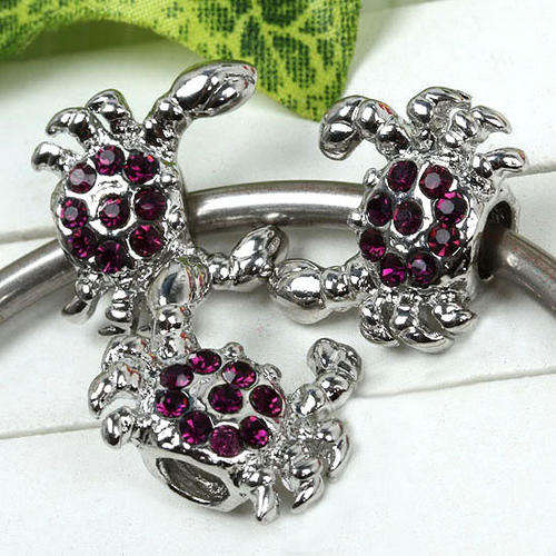 PANDORA STYLE SILVER CRAB SPACER BEADS WITH PURPLE  CRYSTAL RHINESTONES